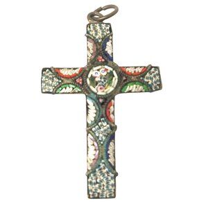 VINTAGE Italian Mosaic Glass Women Cross Pendant Millefiori Floral Religious 1.5